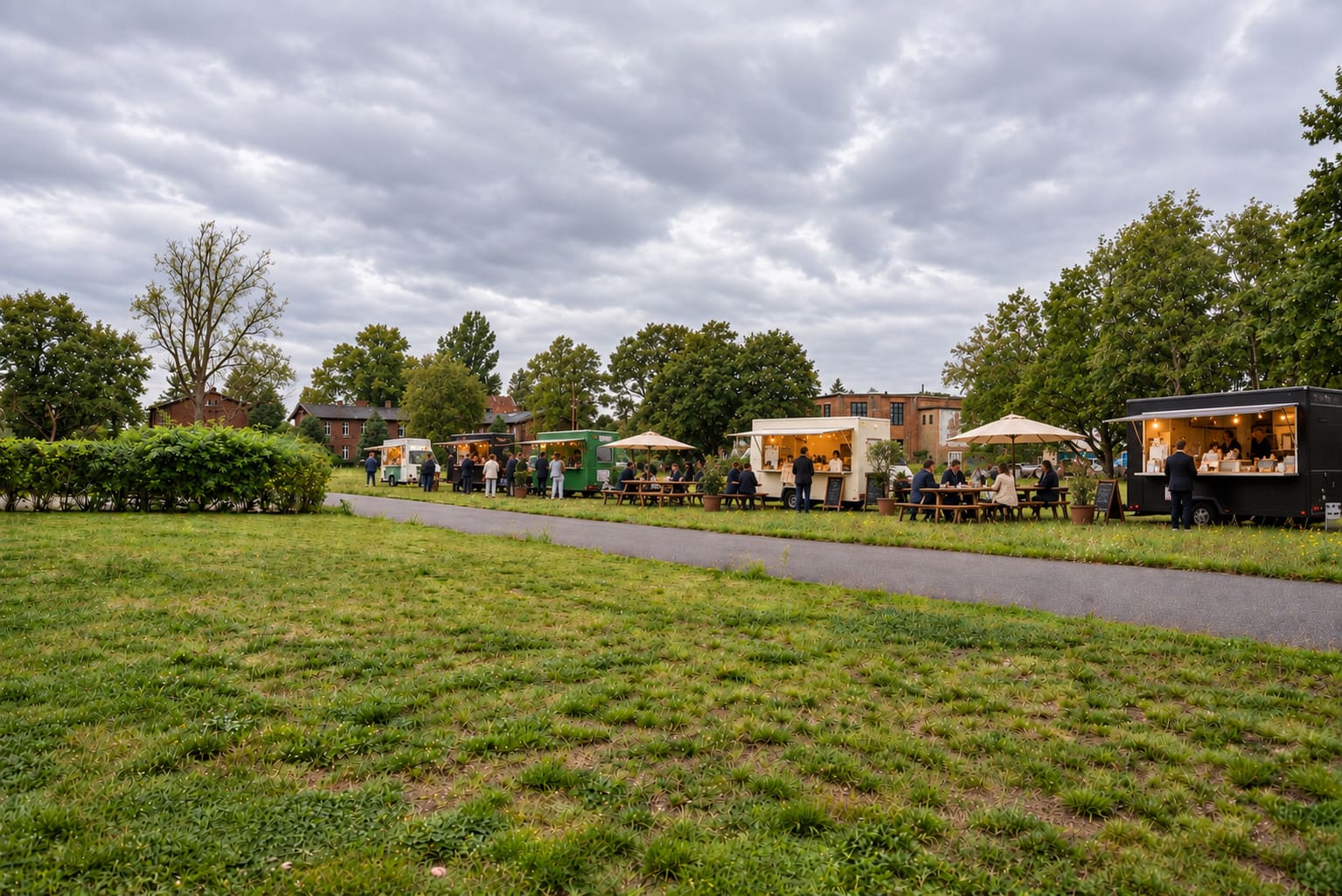 Foodtrucks am Rand der Wiese auf dem Cordeshof-Gelände