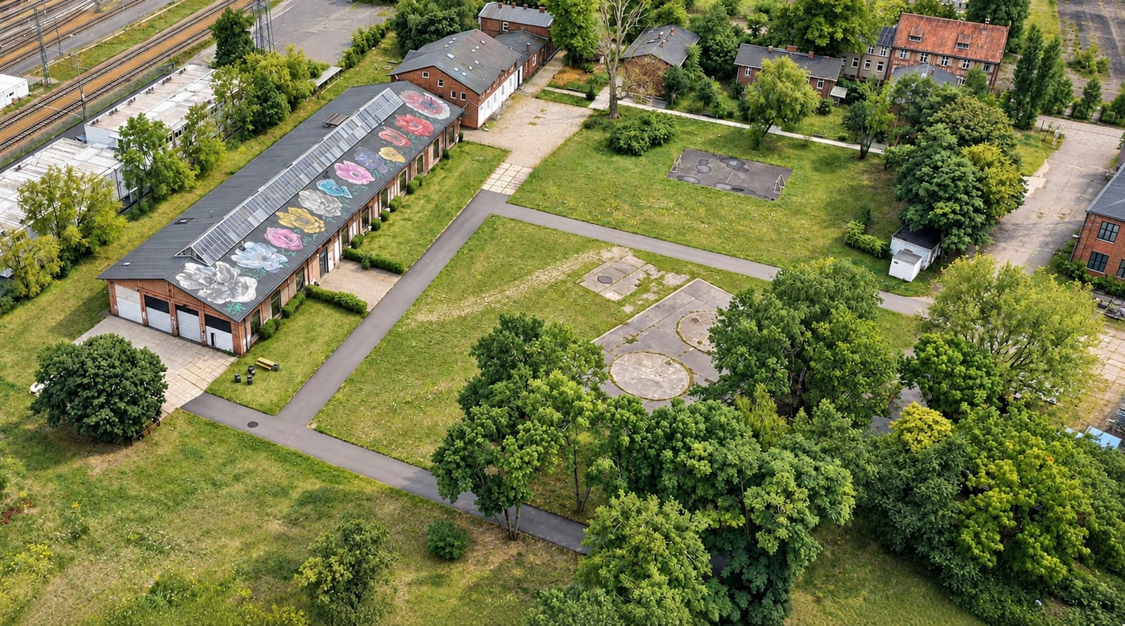 Luftbild der Halle und des Gartens mit altem Baumbestand im Juli