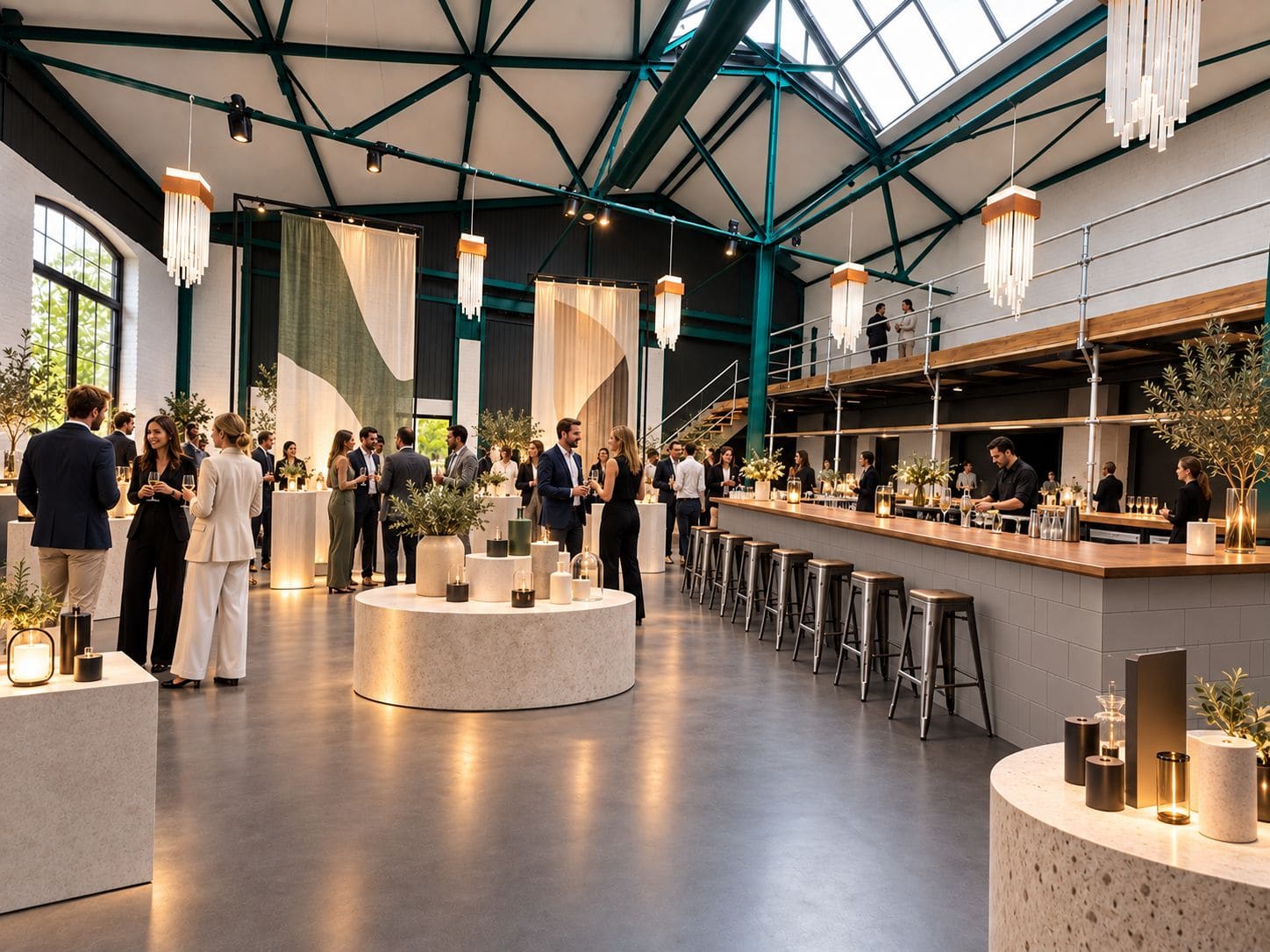 Runde Tische um die Bar in der Halle, Blick zur Galerie